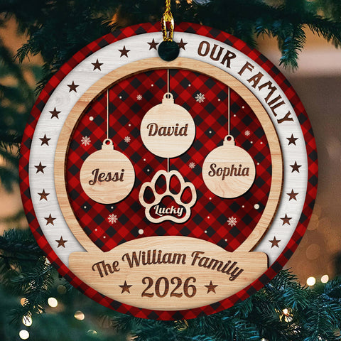 Personalized Ornament For Parents Grandparents Kids Grandkids Family Gifts Our Family Bauble Pawprint With Names Red Plaid Snowflake, Dog Lover Tree Decor Keepsake, Custom Names