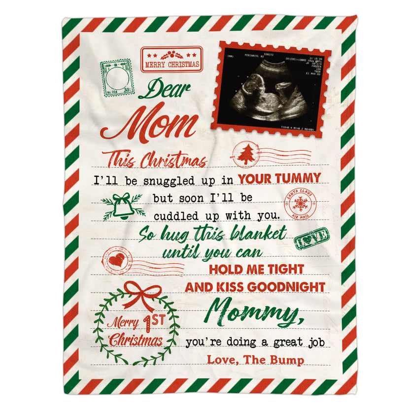 Personalized Blanket For New Mom From Baby Bump Daddy I'll Be Snuggled Up In Your Tummy Merry 1St Christmas Cute Gifts For New Mom Custom Name Photo Fleece Sherpa Blanket For Christmas
