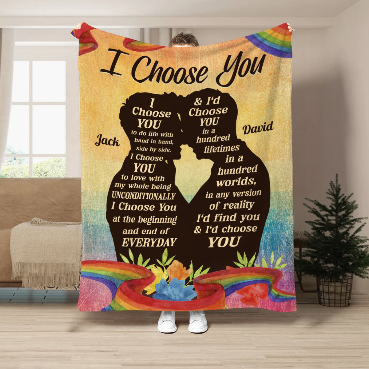 Gay Lgbt Couple Rainbow Silhouette Vintage I'd Find You & I'd Choose You, Personalized Blanket, Gifts For Him Her From Honey