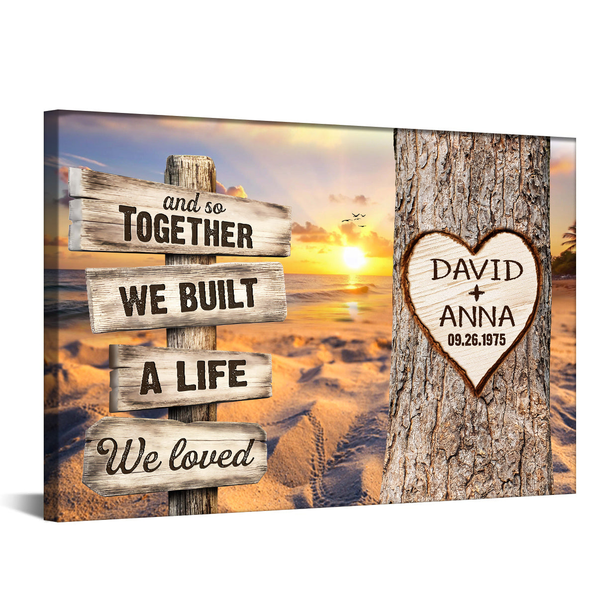 And So Together We Built A Life We Loved Rustic Wood Sign With Tree Heart & Sunset Beach Canvas Poster Gifts For Couple