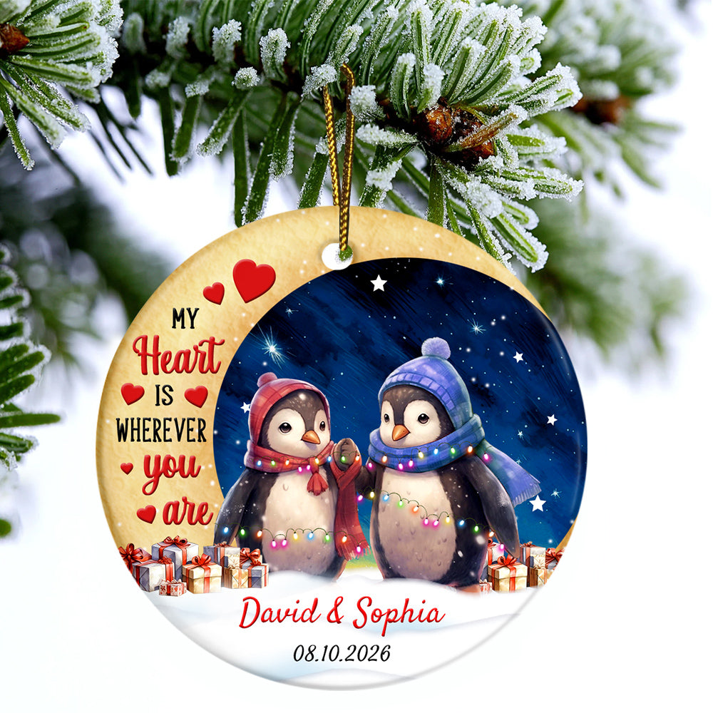 My Heart Is Wherever Cute Penguin Couple Crescents Moon, Romantic Penguin Couple Ornament Keepsake, Holiday Tree Decoration, Gifts For Him Honey Married Couples Him Her Wife Husband