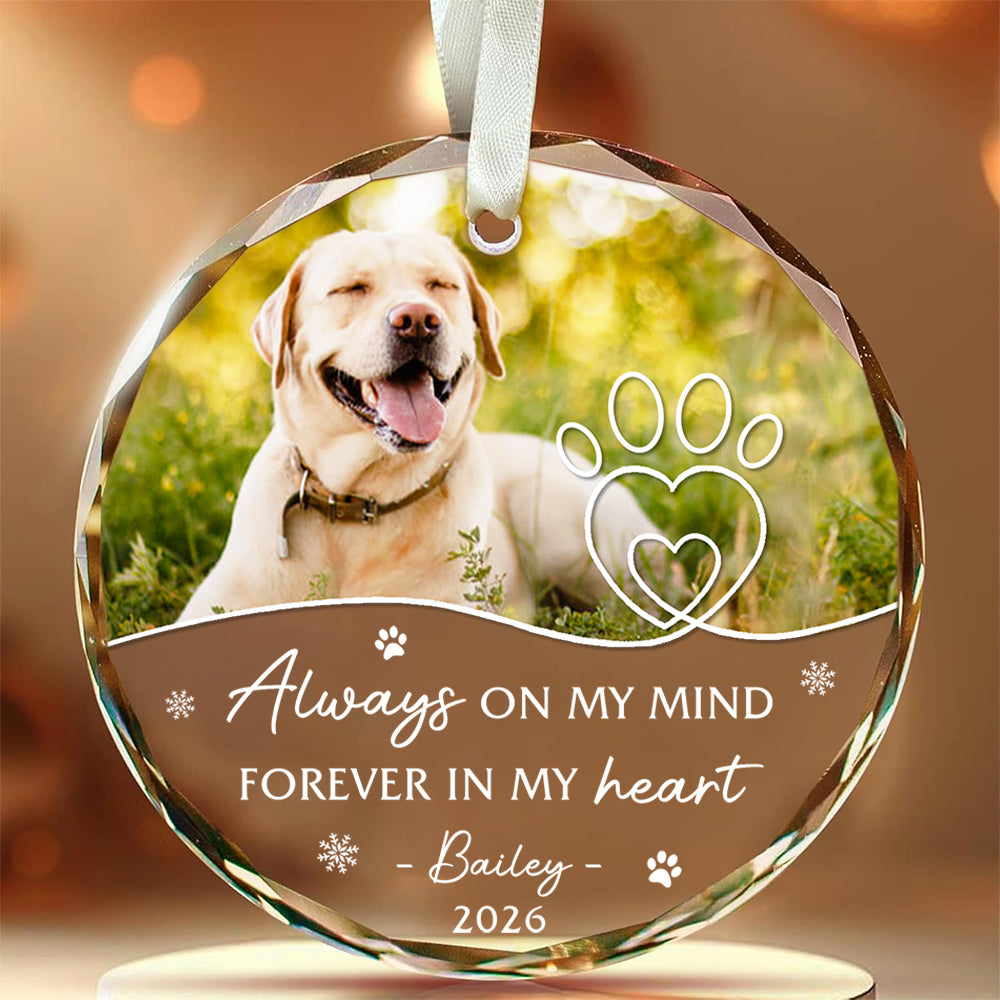 Always On Mind Forever In Heart Pawprints Glass Ornament Remembrance, Memorial Keepsake, Pet Loss Decoration, Winter Decor, Remembrance Tribute Ornament With Photo, Gifts For Dog Lovers