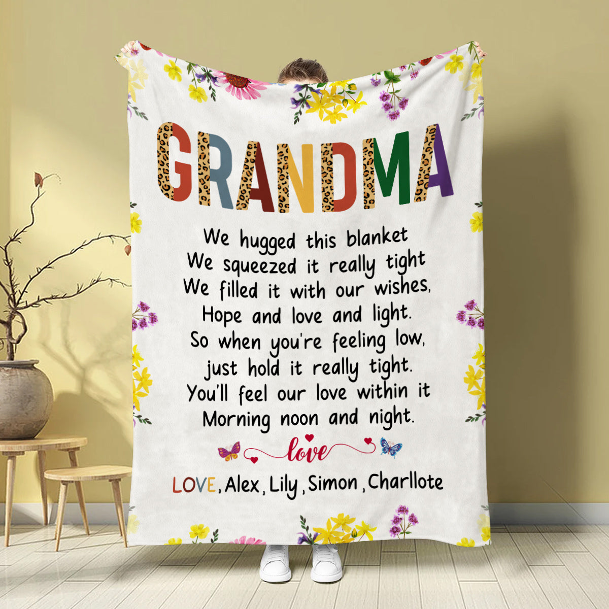 Grandma Family Blanket, Floral Frame Poem Message, Butterflies Accents, Comfort Theme, Personalized Name Option, Personalized Blanket, Gifts For Nana From Grandkids, Custom Fleece