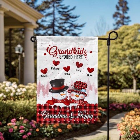 Personalized Grandchildren Names Outdoor Flag, Custom Grandma Poppy Garden Banner, Red Plaid Winter Yard Lawn Sign, Grandkids Spoiled Here Garden Sign
