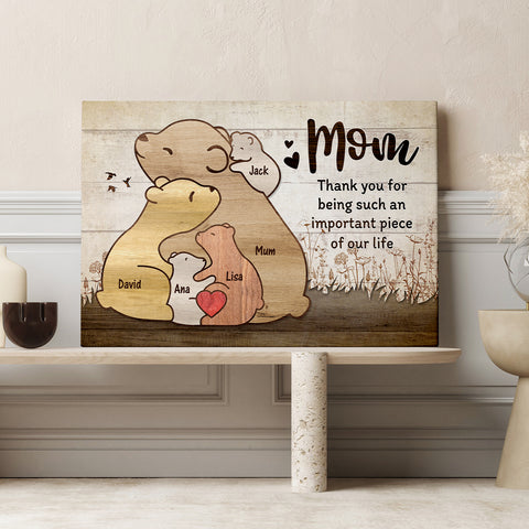 Gifts For Mom, Thanks For Being Such An Piece Of Our Life Mommy Kids Bear Wooden Pieces Canvas Wall Art, Gifts From Daughter Son, Poster Prints Wall Decor, Gifts For Mothers Day Xmas