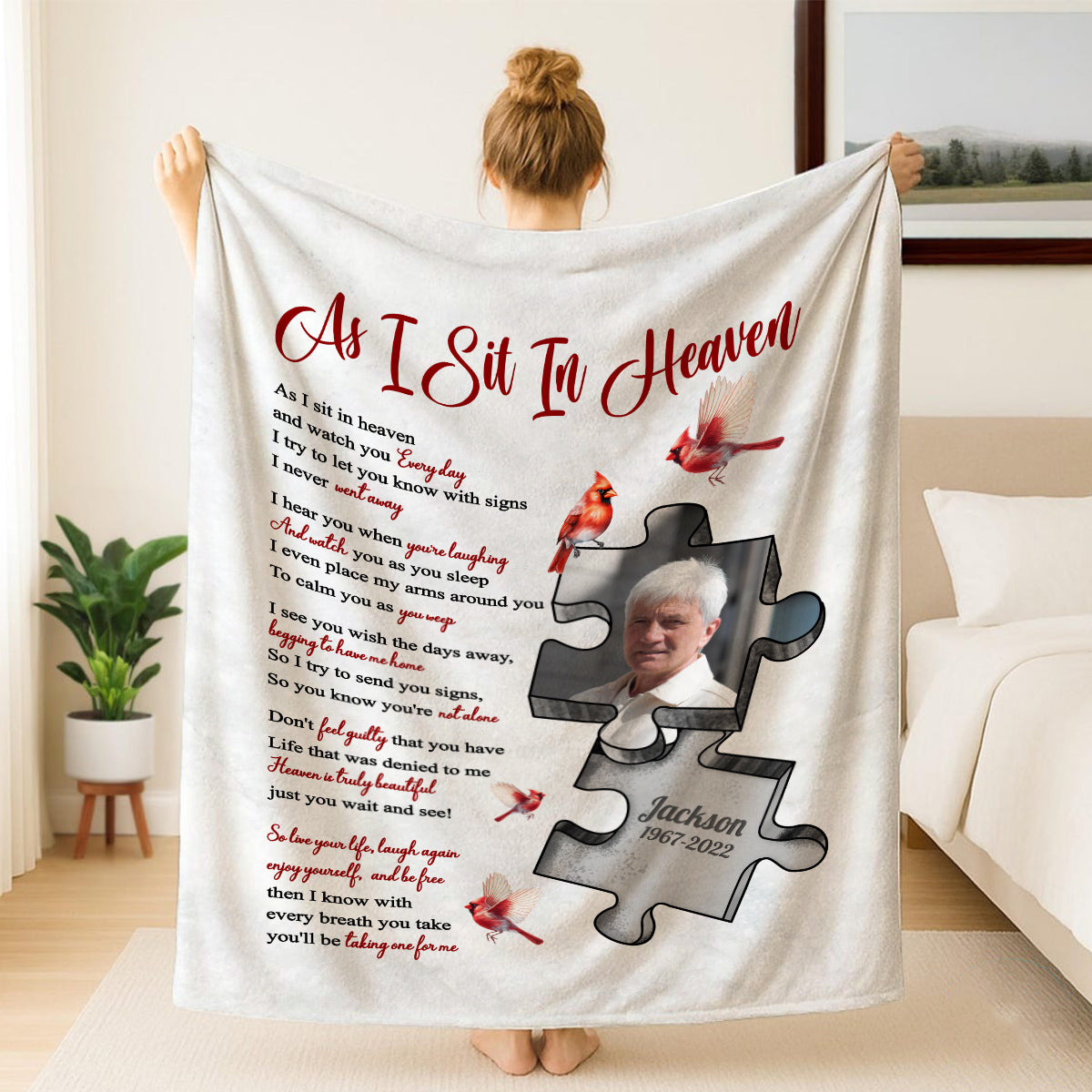 Sympathy Gifts, Memorial Blanket With Photo, Remembrance Blanket, Heaven Inspired, Memorial Keepsake, Heaven Watching Over Words, Symbolic Piece Silhouette With Photo, Loss Of Mom Dad