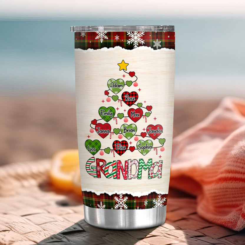 Custom Name Christmas Tree Tumbler, Insulated Beverage Cup, Cute Heart Tree Family Name, Xmas Stainless Cup, Festive Winter Drinkware, Personalized Tumbler, Gifts For Nana Mimi