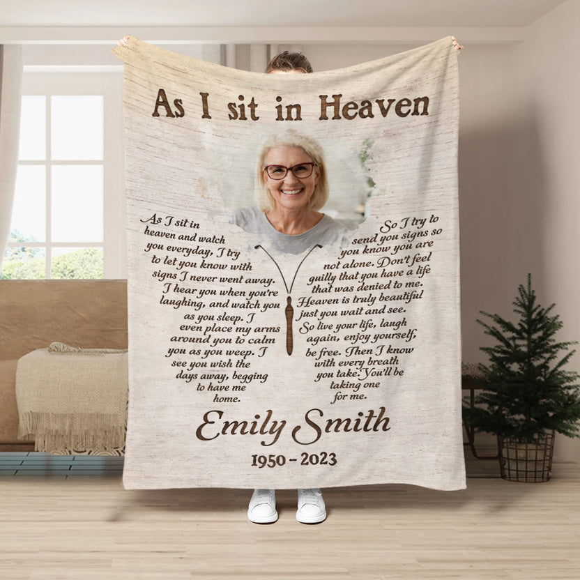 Sympathy Gifts, Personalized Memorial Blanket With Photo, Angel In Heaven As Sit In Heaven Butterflies With Photo, Loss Of Mom Dad Blanket, Fleece Sherpa, Sympathy Gifts For Anniversary