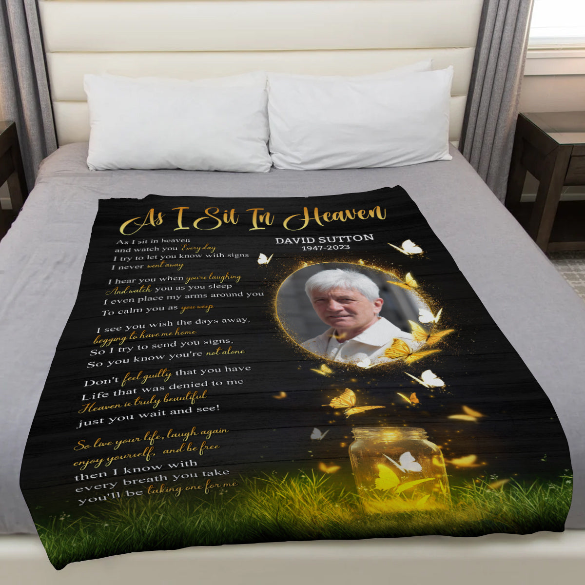 Sympathy Gifts, Memorial Blanket With Photo, Heaven Remembrance, Glowing Butterflies Artwork, Portrait Photo Center, Personalized Name, Comfort Message From Heaven, Loss Of Mom Dad