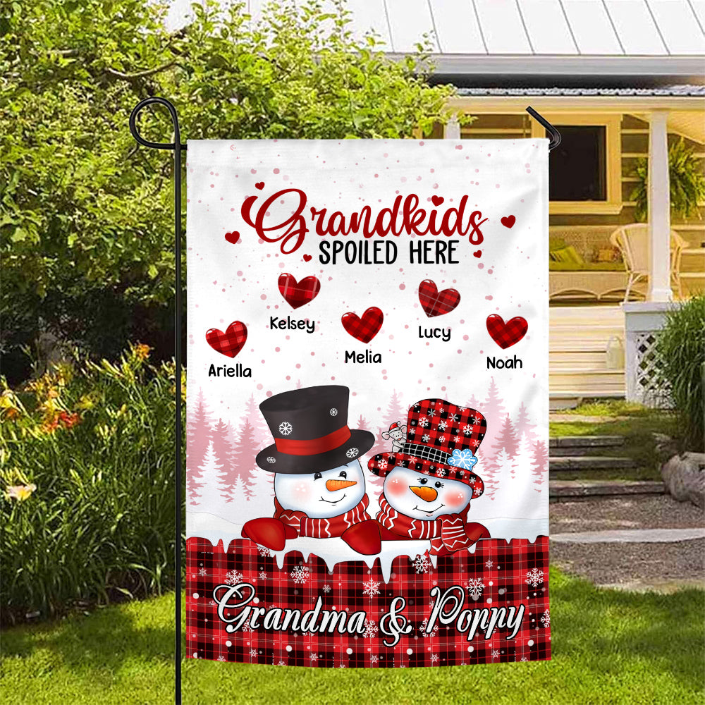 Personalized Grandchildren Names Outdoor Flag, Custom Grandma Poppy Garden Banner, Red Plaid Winter Yard Lawn Sign, Grandkids Spoiled Here Garden Sign