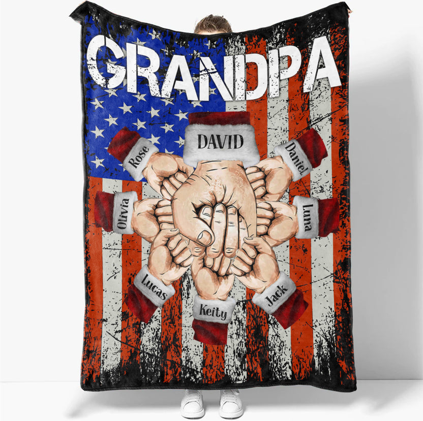 Personalized Blanket For Grandfather Poppy From Grandchildren Poppy Fist Bump Holding Hand With Heart Flag Custom Name Grandpa Gifts Ideas Fleece Sherpa Blanket For Christmas Couch Bed Sofa