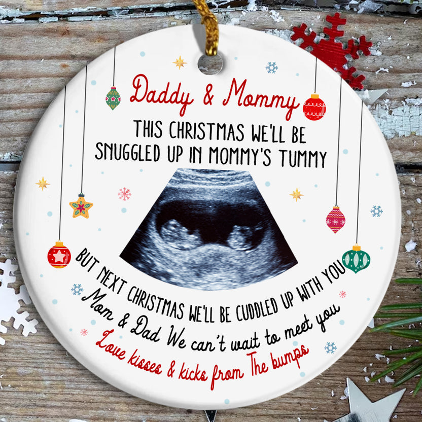 Twins Ultrasound Ornament, Daddy & Mommy Christmas Quote, Custom Sonogram Photo, Pregnancy Reveal Gift, Expecting Parents Ceramic Keepsake