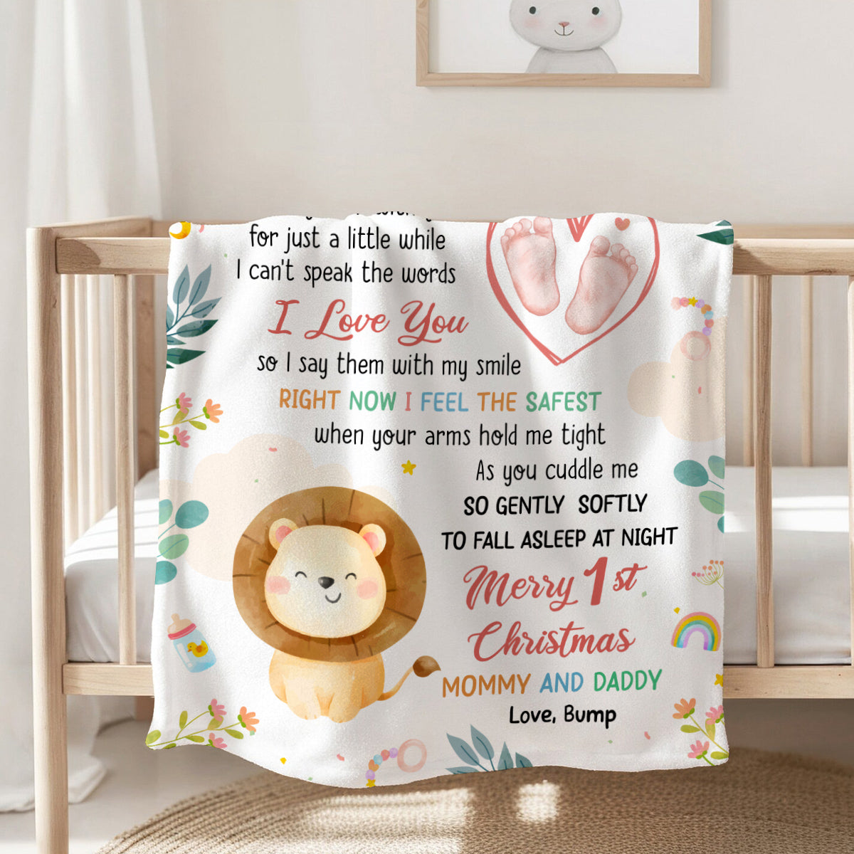 Merry 1st Christmas Mommy Daddy I've Only Been With You A While Footprint Baby Lion, Personalized Blanket, Gifts For New Parents, Fleece Sherpa Blanket, New Parents Xmas Christmas
