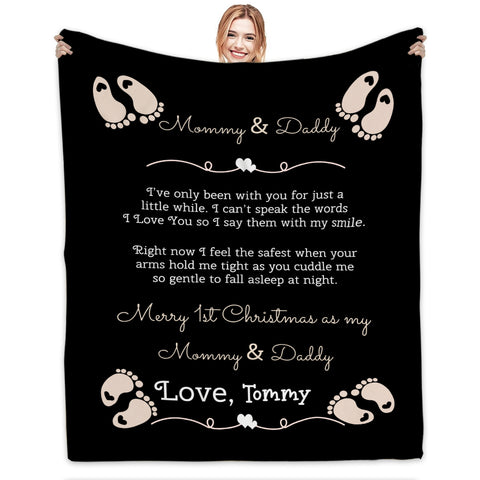 Personalized Blanket For Expecting Mom Dad From Baby Bump New Parents Gifts Happy First Christmas 1St Xmas As Daddy & Mommy