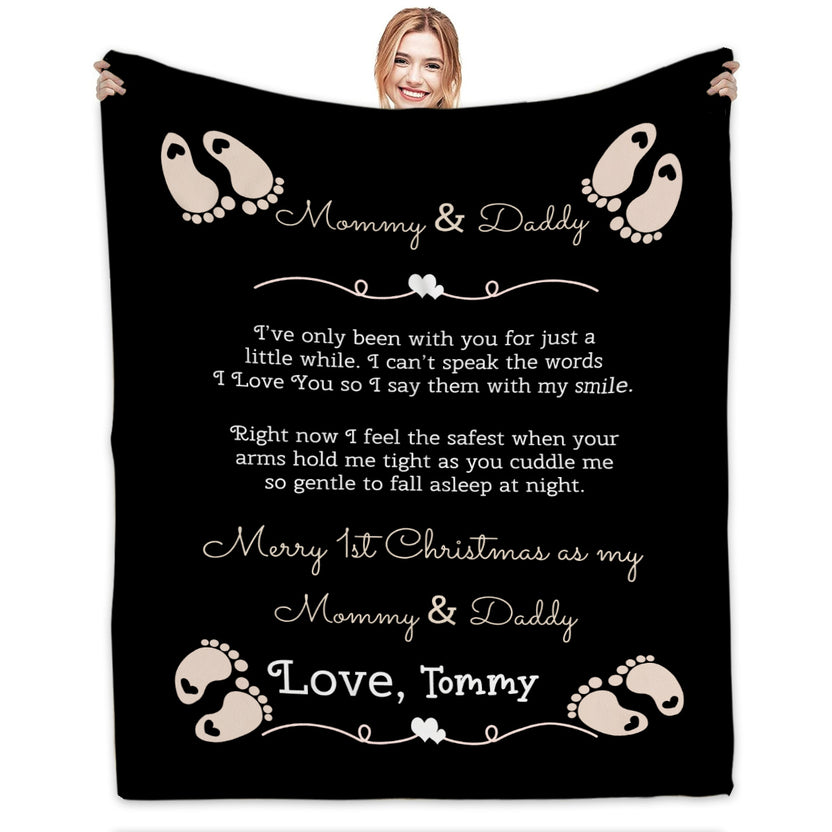 Personalized Blanket For Expecting Mom Dad From Baby Bump New Parents Gifts Happy First Christmas 1St Xmas As Daddy & Mommy