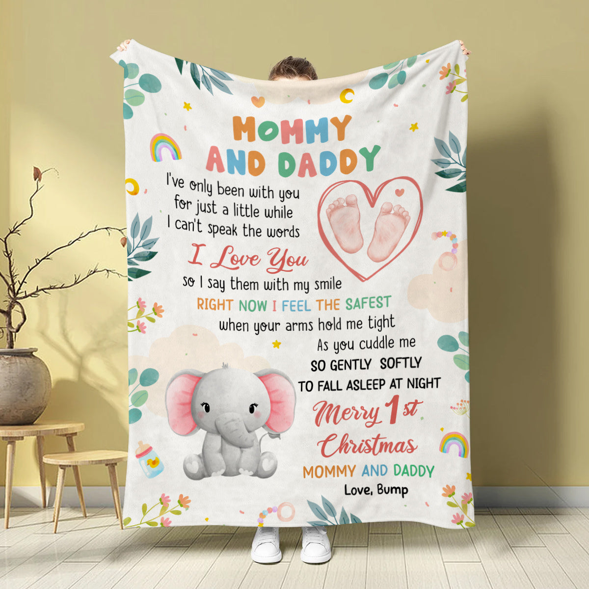 Merry 1st Christmas Mommy Daddy I've Only Been With You A While Footprint Baby Elephant, Personalized Blanket, Gifts For New Parents, Fleece Sherpa Blanket, New Parents Xmas Christmas