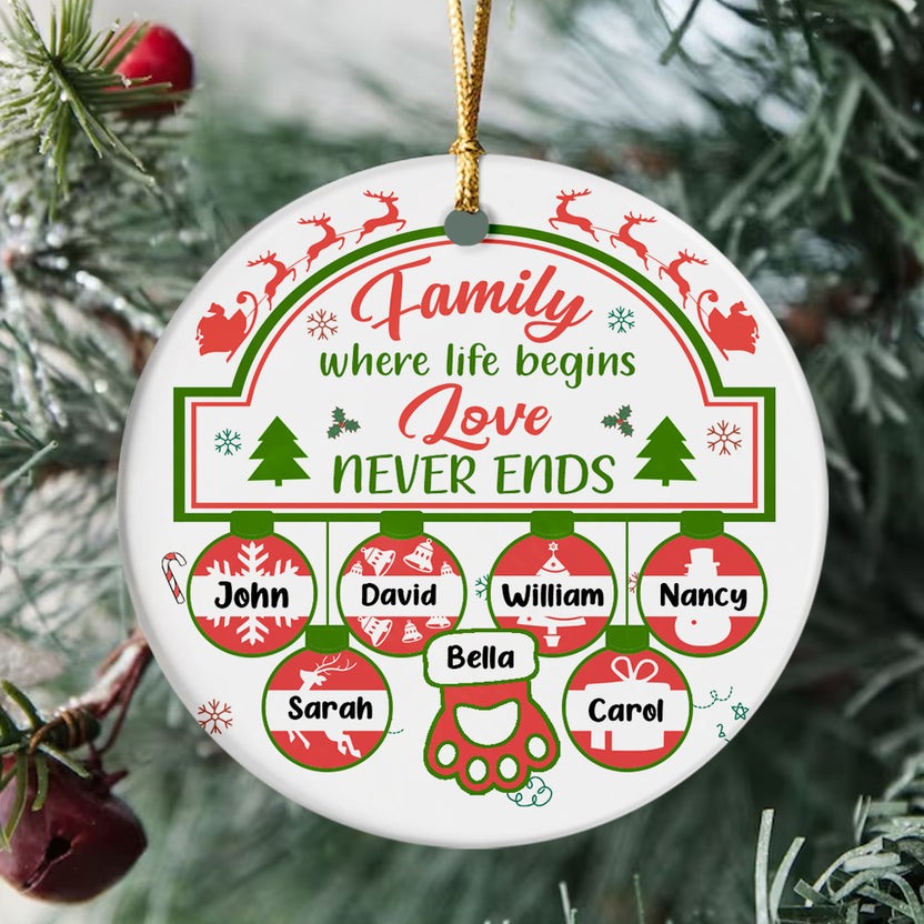 Family Gifts, Family Life Begin Love Not Ends Cute Ball With Names Hanging, Personalized Christmas Ornament, Gifts For Parents Grandparents From Kids Grandkids, Family Ornament