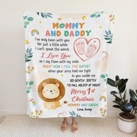 Merry 1st Christmas Mommy Daddy I've Only Been With You A While Footprint Baby Lion, Personalized Blanket, Gifts For New Parents, Fleece Sherpa Blanket, New Parents Xmas Christmas