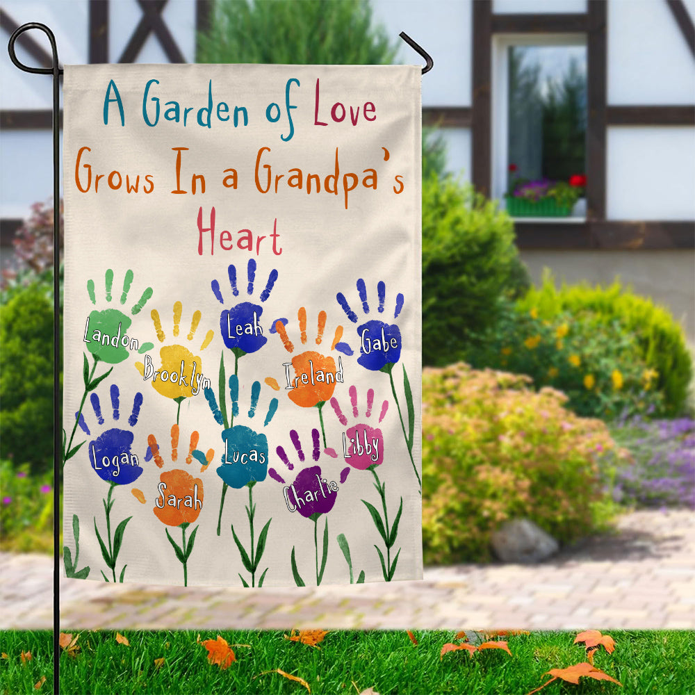 Grandma Gifts, A Garden Grows In Grandpas Heart Custom Banner, Custom Kids Names Garden Flag, Outdoor Flower Yard Decor, Home Floral Decoration, Handprint Decor, Personalized Garden Flag, Gifts For Nana From Grandkids, Double Sided Outside Welcome Flag, G