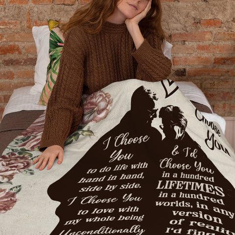 Old Couple Silhouette Vintage I'd Find You & I'd Choose You Floral Printed, Personalized Blanket, Gifts For Him Her