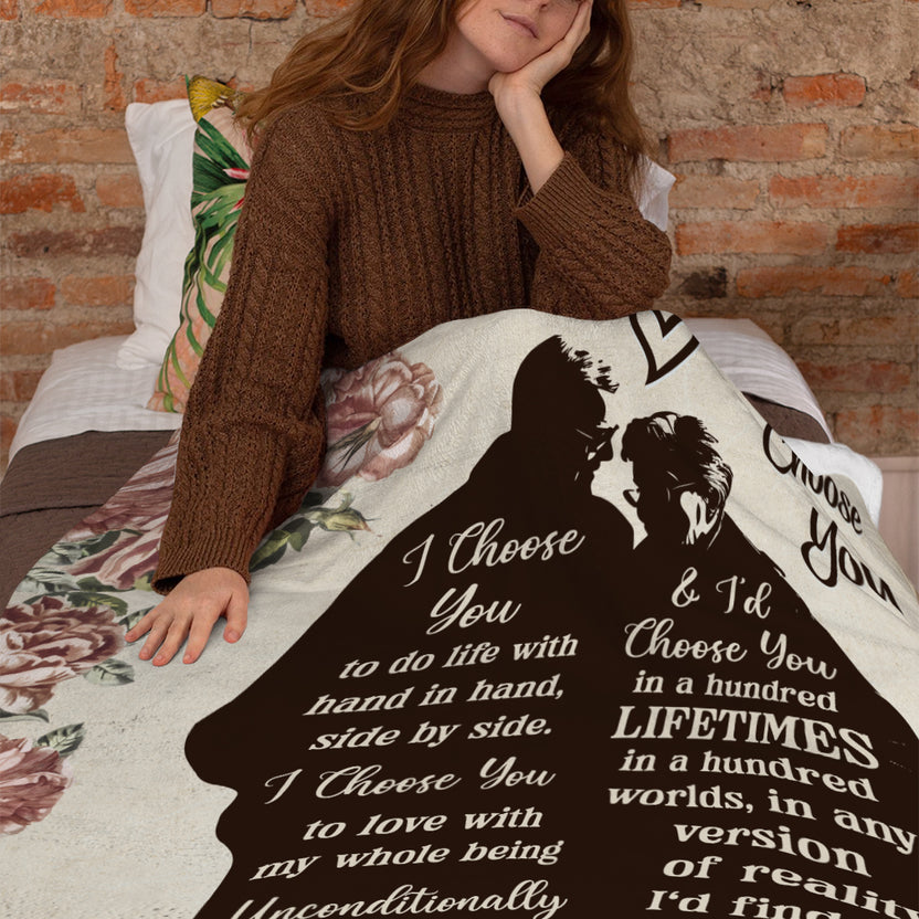 Old Couple Silhouette Vintage I'd Find You & I'd Choose You Floral Printed, Personalized Blanket, Gifts For Him Her