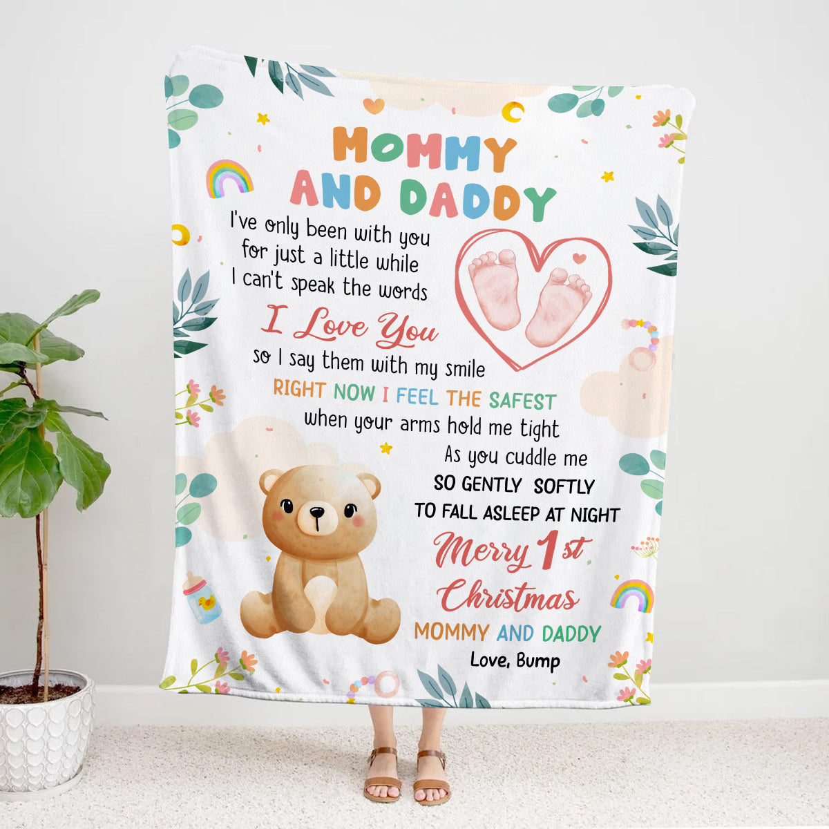 Merry 1st Christmas Mommy Daddy I've Only Been With You A While Footprint Baby Bear, Personalized Blanket, Gifts For New Parents, Fleece Sherpa Blanket, New Parents, Gifts For Xmas