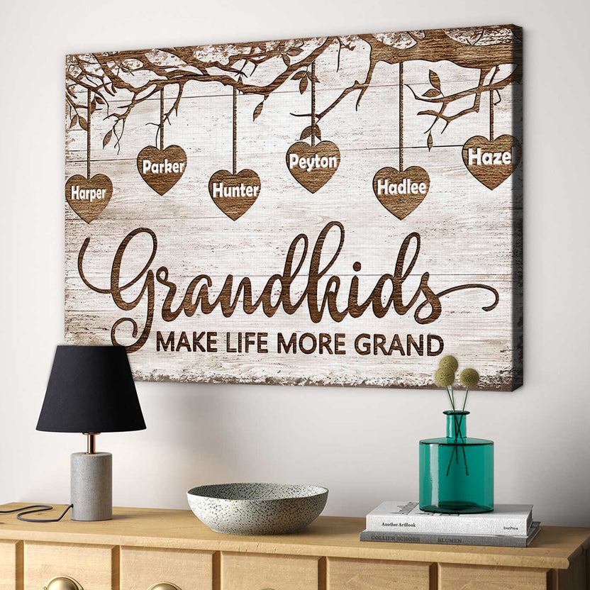 Grandma Gifts, Grandchild Papa And Nana Gifts Grandkids Make Life More Grand Wooden Tree Hearts Personalized Canvas Wall Art, Gifts For Nana Poster Prints Wall Decor, Gifts For Birthday