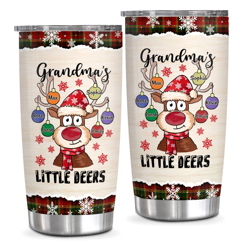 Grandmas Little Deers Custom Tumbler, Personalized Christmas Reindeer Ornament Travel Cup, Insulated Cup, Cute Festive Reindeer Name Travel Tumbler,  Gifts For Nana From Grandkids, 20oz