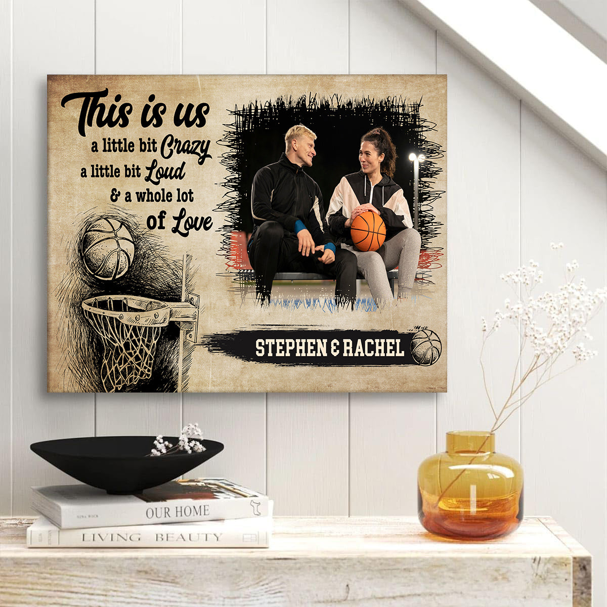 Personalized Name Couple Basketball Canvas Wall Art, A Little Bit Loud & A Whole Lot Of Love Quote Decor, Athletic Theme Print Canvas Wall Art, Gifts For Him Her Poster Prints Decor