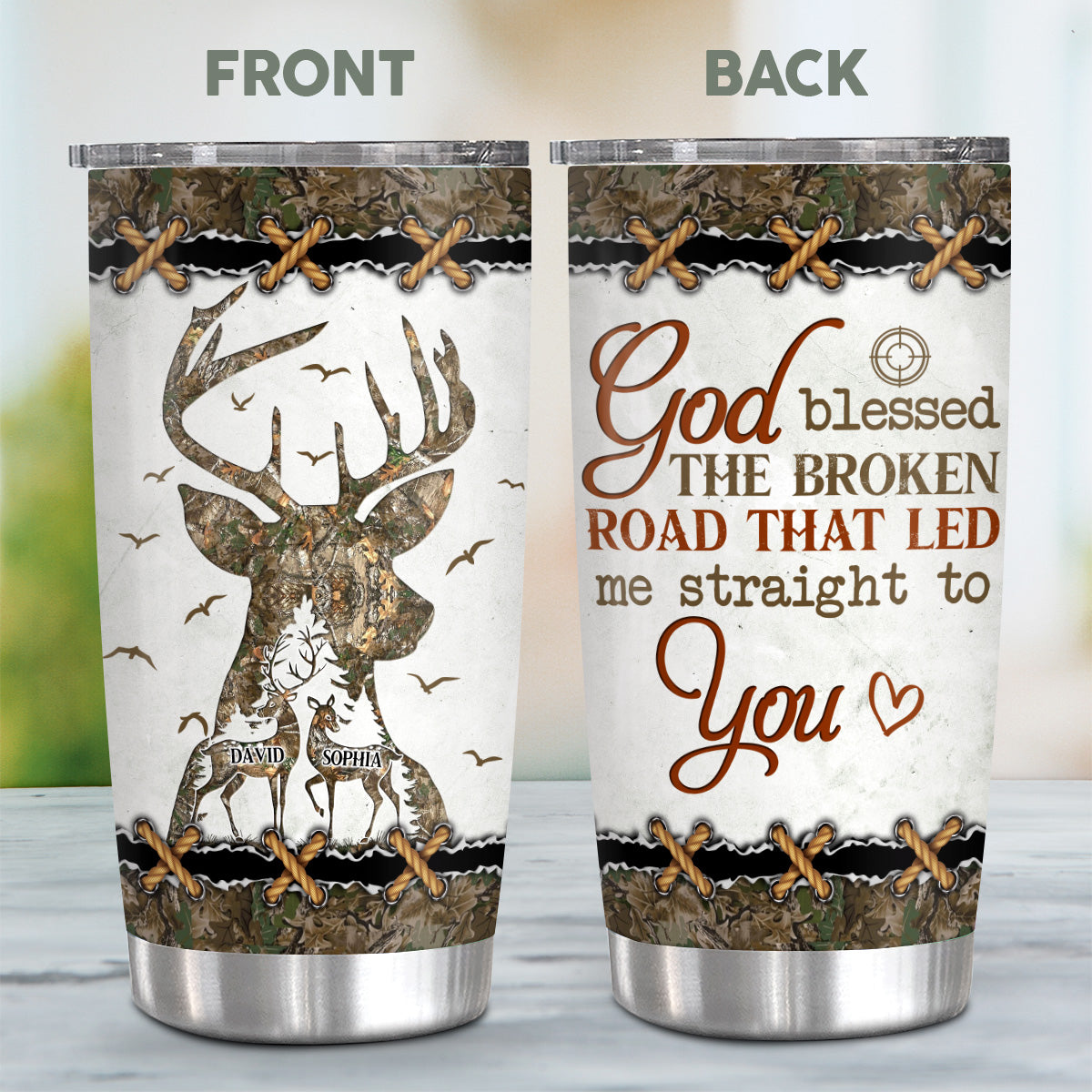 Personalized Tumbler For Boy/ Girlfriend From Honey God Blessed Broken Road That Led Me Straight To U Deer Hunting Camo Custom Name Hunting Gifts 20oz With Lid Travel Cup For Birthday