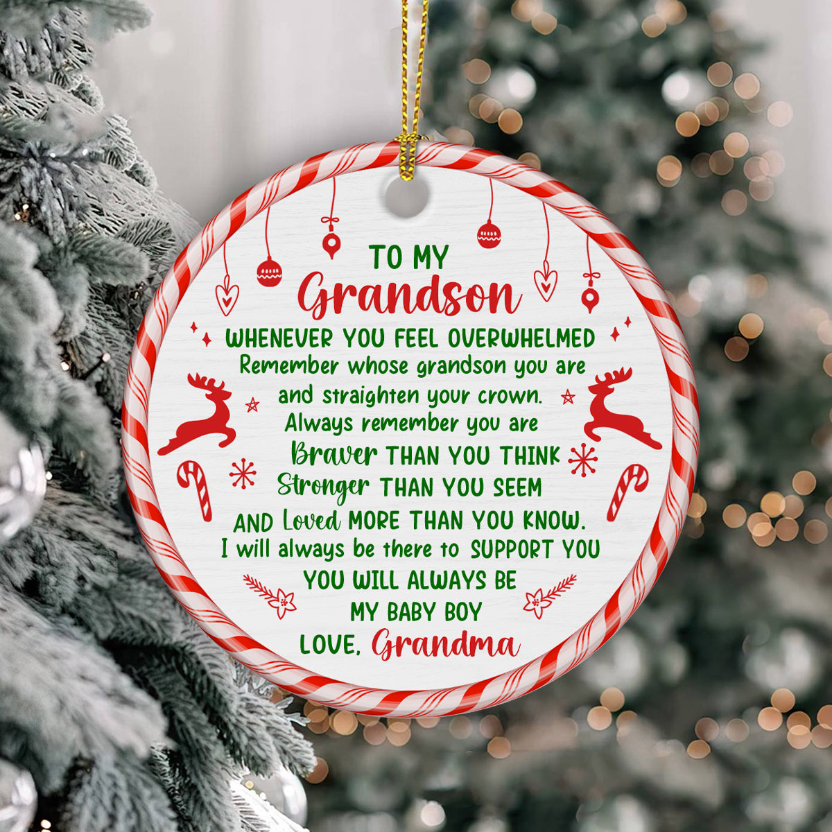 Grandsons Gifts, Remember Whose Grandson You Are Christmas Candy Cane Theme Circle Ceramic Ornament, Personalized Christmas Ornament, Gifts For Boys From Nana, Xmas Tree Decor