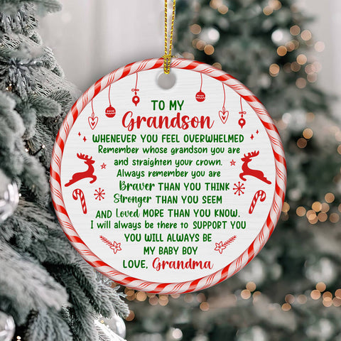 Grandsons Gifts, Remember Whose Grandson You Are Christmas Candy Cane Theme Circle Ceramic Ornament, Personalized Christmas Ornament, Gifts For Boys From Nana, Xmas Tree Decor