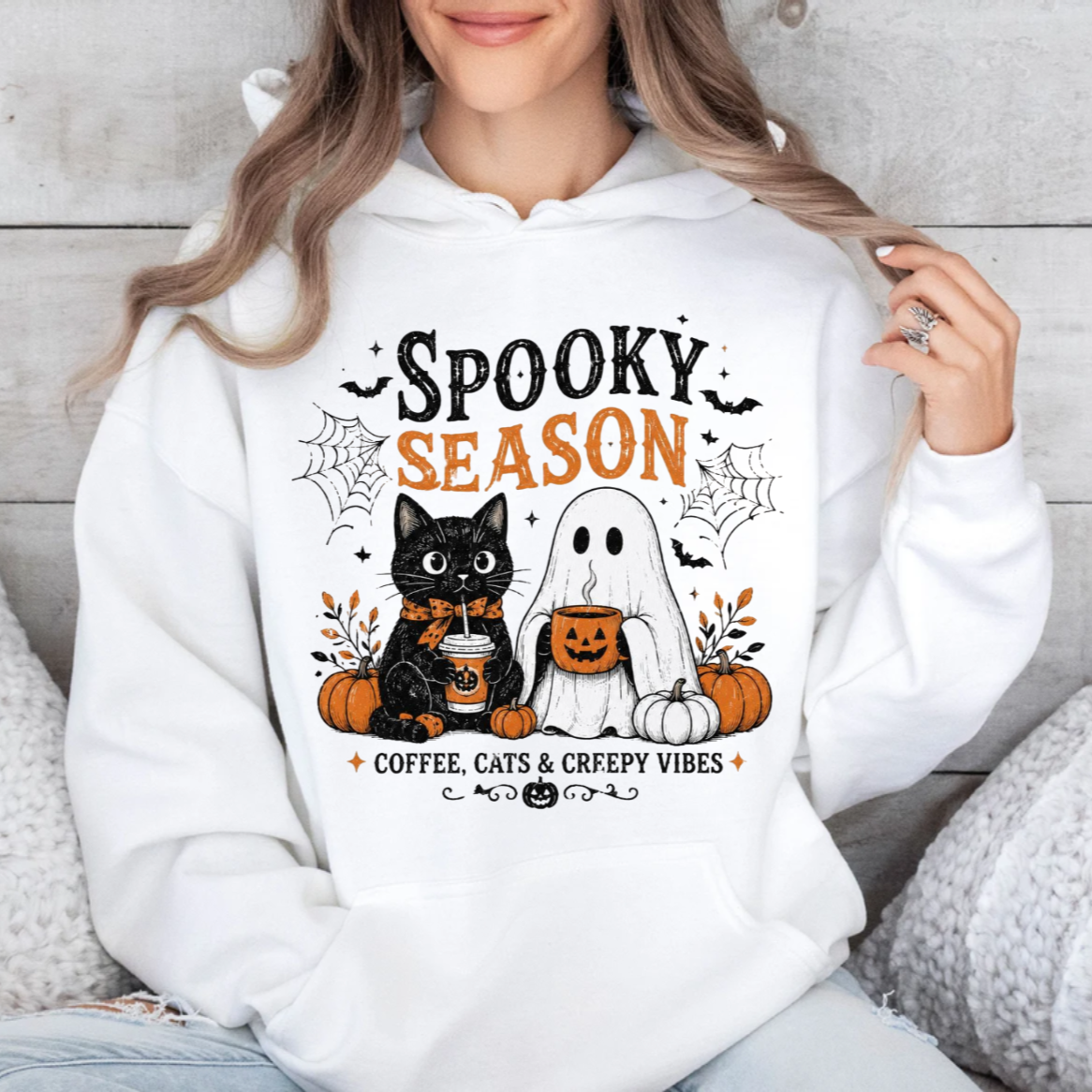 Spooky Season Coffee Cats & Creepy Vibes Shirt, Cute Black Cat Ghost Halloween Tee