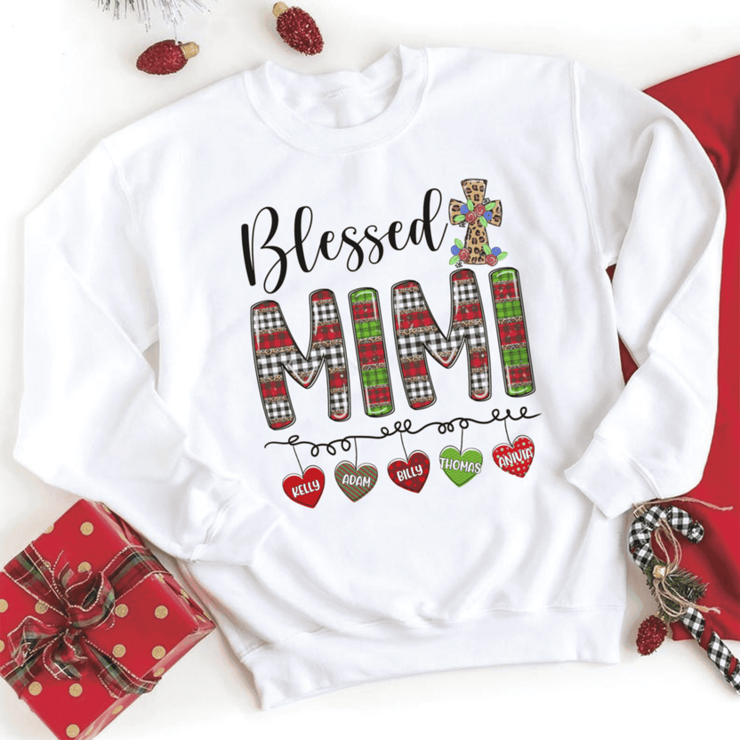 Personalized Shirt For Grandmother From Grandchild Custom Multi Kids Name Unique Gifts For Grandma Bless Mimi Christian Cross Hearts Hanging Short Sleeve Tops Tee Shirt Gifts For Christmas