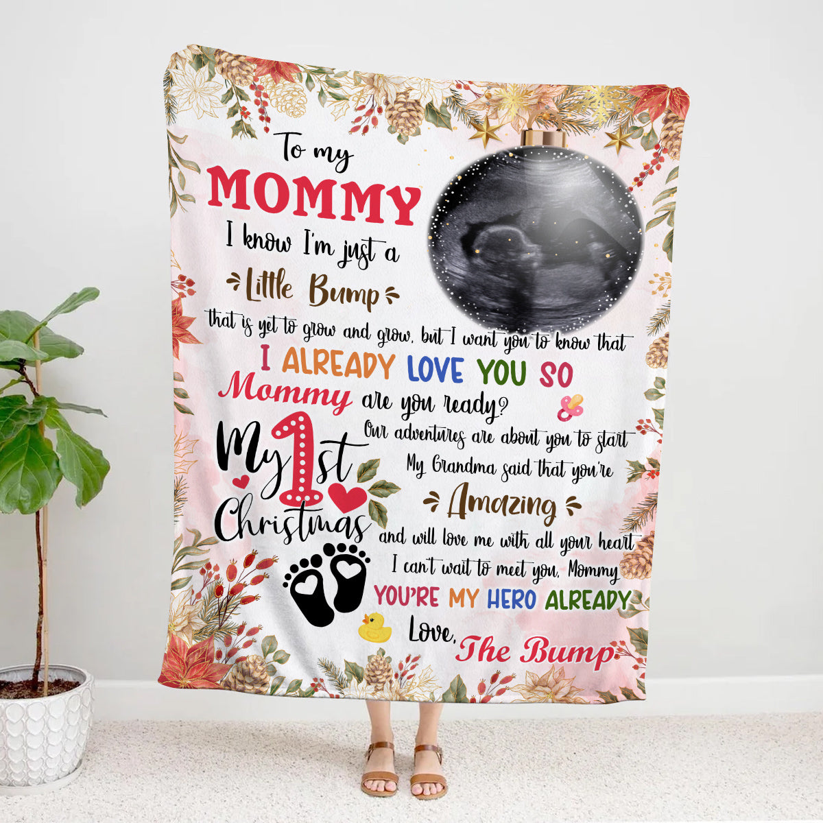 Mommy Are You Ready Baby Ultrasound With Ball Hanging Tree, First Christmas Sonogram Blanket, Expecting Mother Milestone, Holiday Keepsake, Personalized Photo Blanket, Gifts For Mom