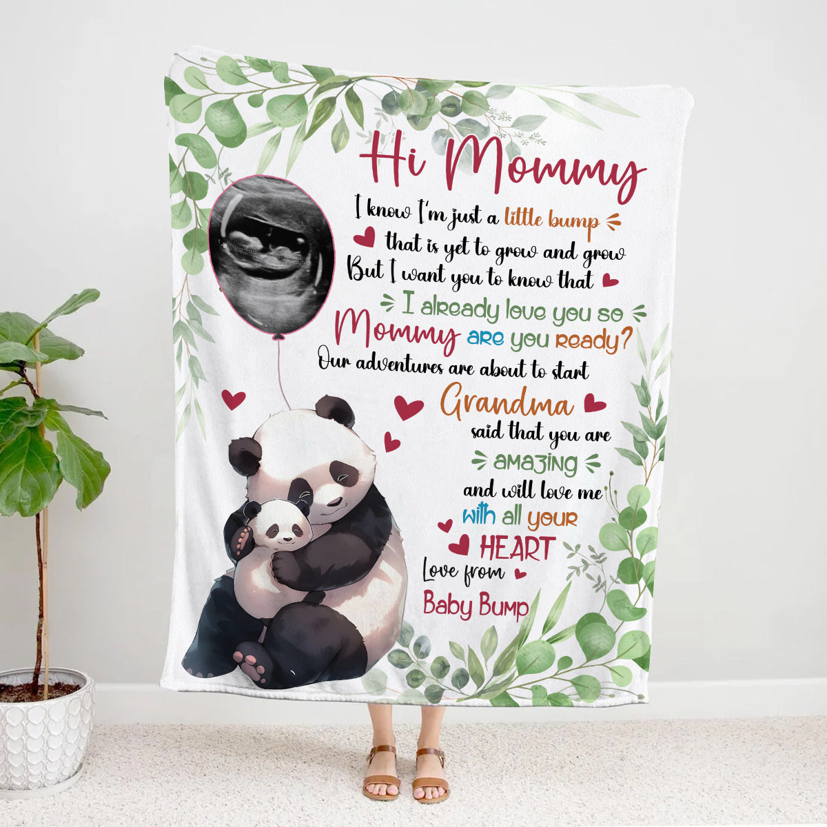 I Already Love You Leaf Mommy Baby Panda With Balloon Green Leaf, Personalized Blanket, Gifts For Mom To Be, Fleece Sherpa, New Mom Blanket, Gifts For Mother's Day