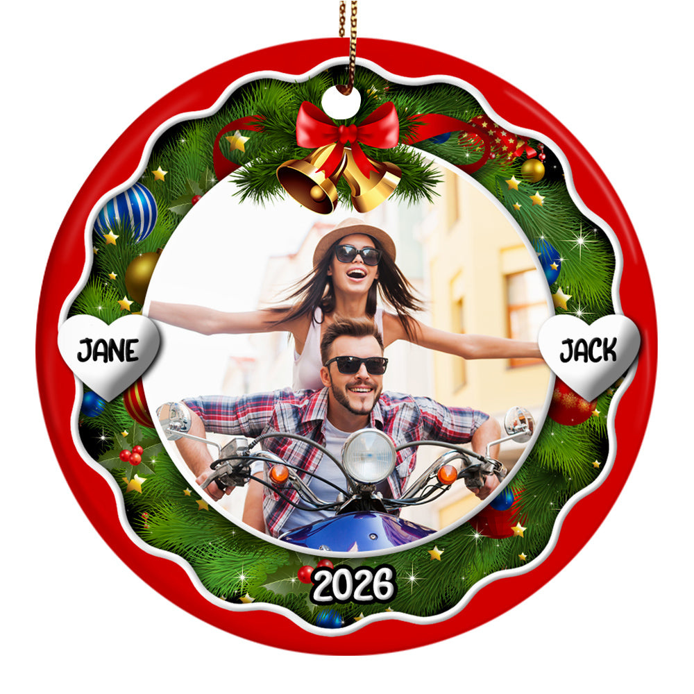 Xmas Frame Custom Photo Couple Cute With Name & Year, Partner Milestone Keepsake, Custom Photo Holiday Tree Hanging, Motorcycle Couple Christmas Decor, Personalized Christmas Idea Gifts