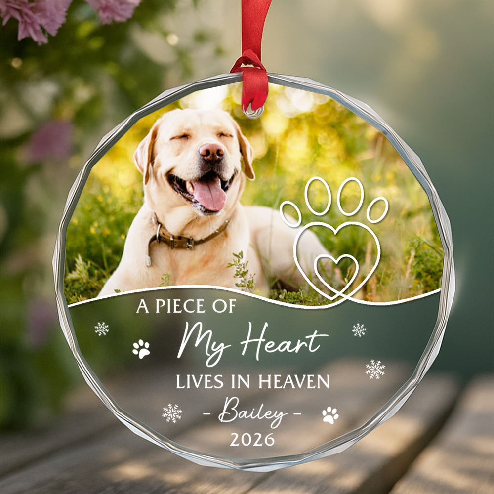 A Piece Of Heart Lives In Heaven Snowflake Pawdog. My Heart Lives In Heaven Glass Ornament, Xmas Tree, Pet Memorial Keepsake, Pet Memorial Ornament With Photo, Gifts For Loss Of Dog
