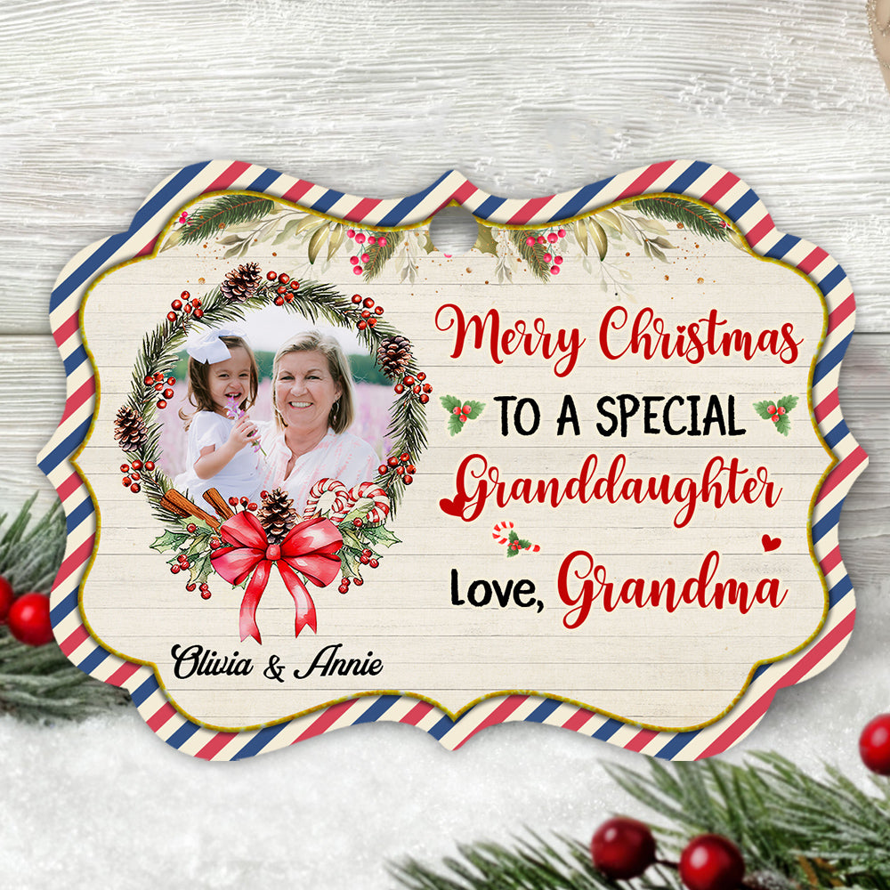 Personalized Grandma & Granddaughter Photo Ornament, Merry Christmas To A Special Granddaughter Keepsake, Custom Picture Medallion Ornament