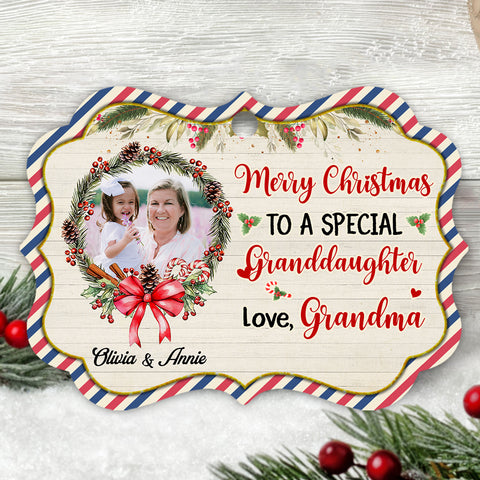 Personalized Grandma & Granddaughter Photo Ornament, Merry Christmas To A Special Granddaughter Keepsake, Custom Picture Medallion Ornament