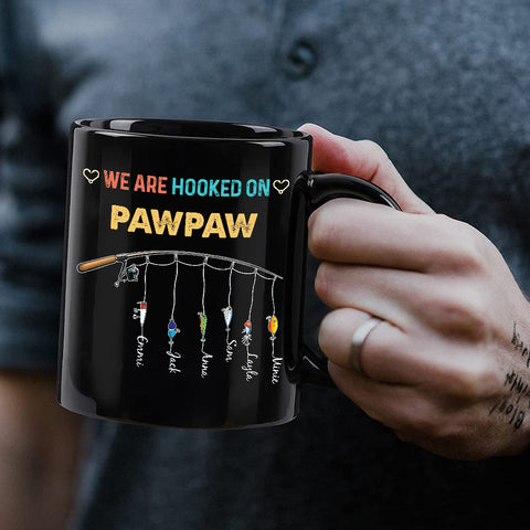 Personalized Coffee Mug For Papa Grandpa From Family Grandkids We Are Hooked On Pawpaw Fishing Grandchild Custom Name Fisherman Gifts Black Ceramic 11 15Oz Cup For Birthday Father's Day