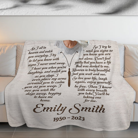Sympathy Gifts, Personalized Memorial Blanket With Photo, Angel In Heaven As Sit In Heaven Butterflies With Photo, Loss Of Mom Dad Blanket, Fleece Sherpa, Sympathy Gifts For Anniversary