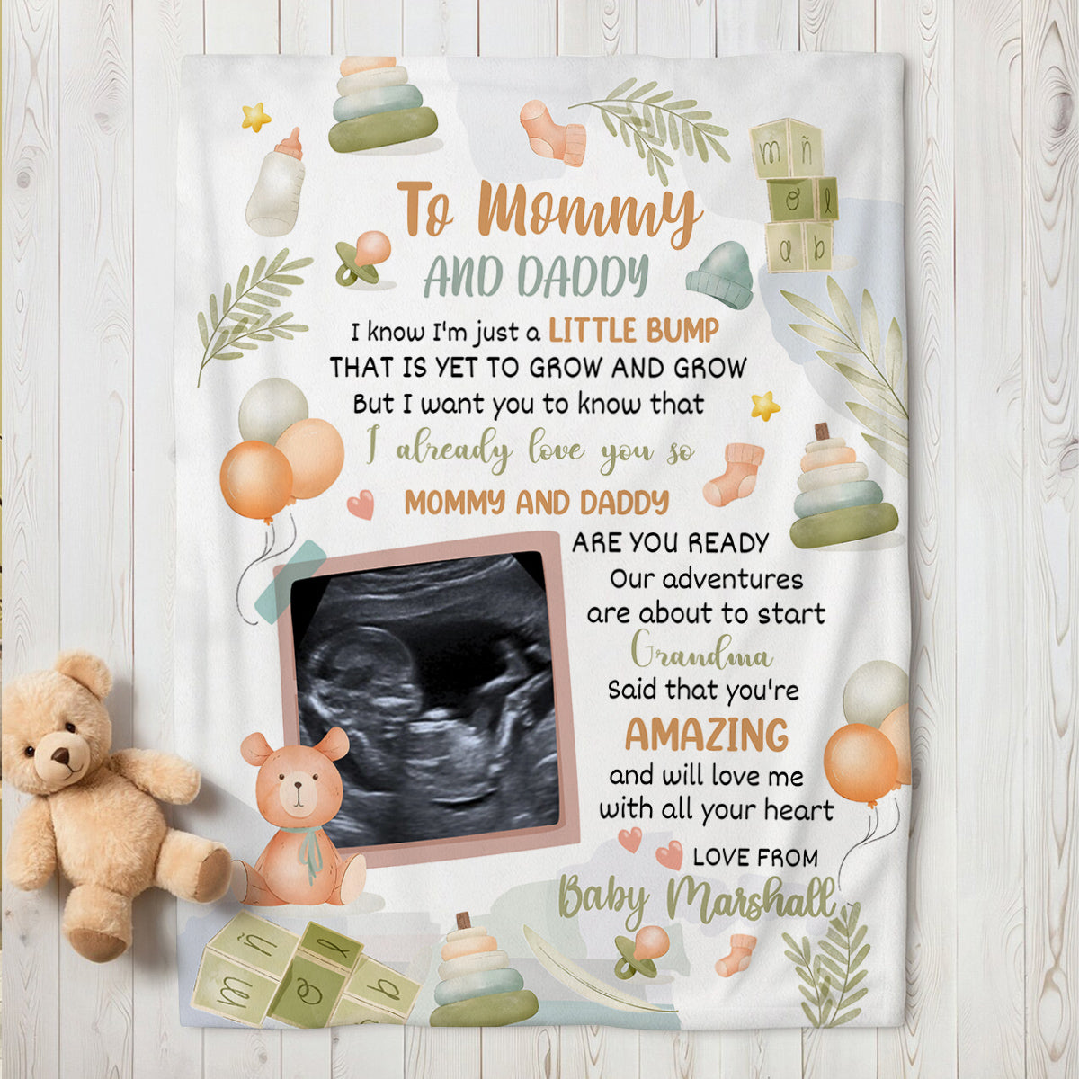 Cute Baby Bear Hi Mommy And Daddy Blanket Custom Ultrasound Picture For Mom To Be New Dad From Baby Bump  Gifts For New Mommy, Fleece Sherpa Blanket Expecting Mothers