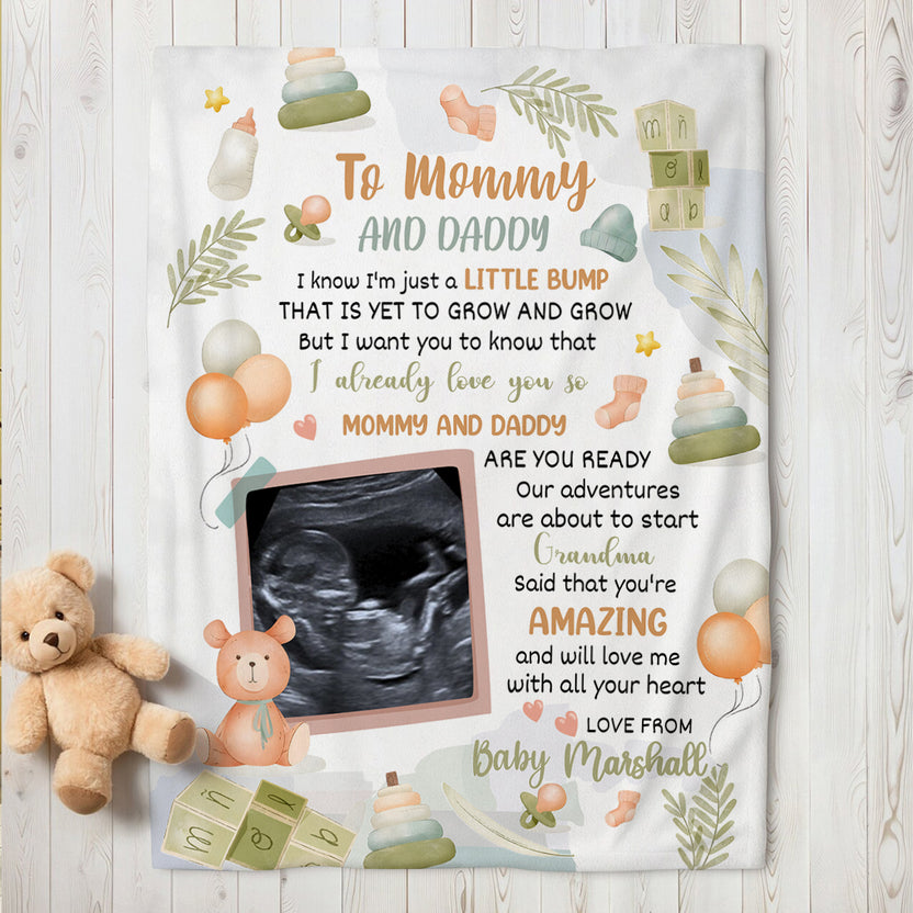 Cute Baby Bear Hi Mommy And Daddy Blanket Custom Ultrasound Picture For Mom To Be New Dad From Baby Bump  Gifts For New Mommy, Fleece Sherpa Blanket Expecting Mothers