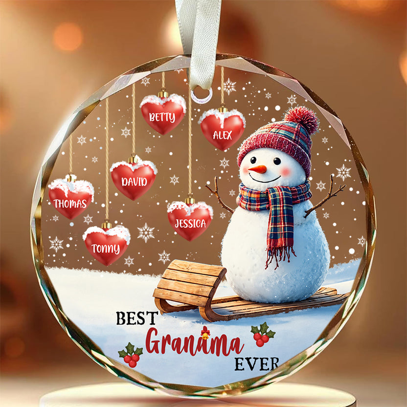 Grandma Ever Hearts With Names Snowflakes Grandma Grandpa Grandkids Circle Glass Ornament, For Nana From Grandkids Xmas Tree
