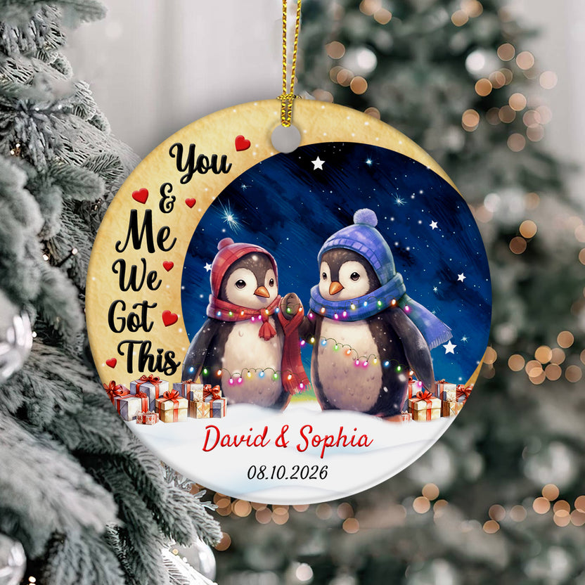 You & Me Cute Penguin Couple Crescent Moon, Our First Christmas Together Ornament, Penguin Couple Holiday Keepsake, Winter Christmas Ornament, Personalized Name & Anniversary Date Gifts