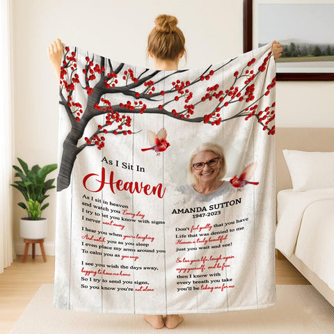 Sympathy Gifts, Memorial Blanket With Photo, Sympathy Memorial, Heaven Watching Over Family Verse, Heaven Message With Red Birds, Loss Of Mom Dad Blanket, Fleece Sherpa, Funeral Gifts