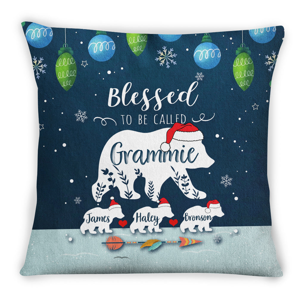 Grammie Pillow, Custom Kids Names Polar Bear Family Pillow, Blue Christmas Decor, Living Room Accent Case, Holiday Snowflake Decor, Christmas Holiday