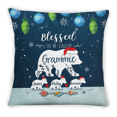 Grammie Pillow, Custom Kids Names Polar Bear Family Pillow, Blue Christmas Decor, Living Room Accent Case, Holiday Snowflake Decor, Christmas Holiday