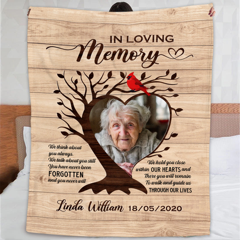Remembrance Gifts, Personalized Memorial Blanket With Photo, Heart Tree Red Bird We Think About You Always, Loss Of Mom Dad Blanket, Fleece Sherpa, Bereavement Gifts For Anniversary